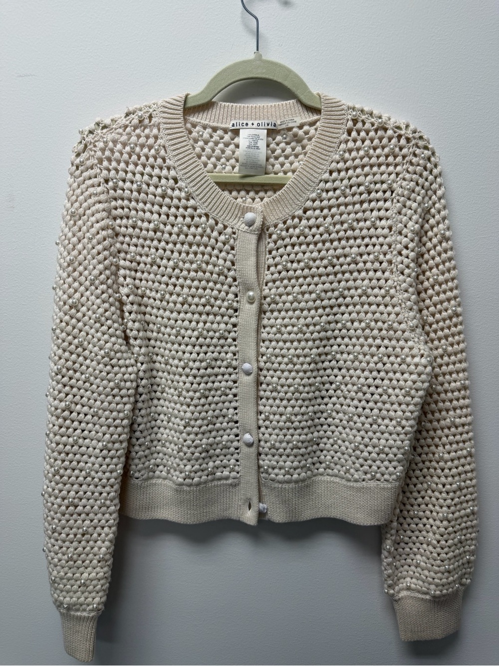Alice + Olivia Cream Crochet Knit Cardigan with Pearl Buttons